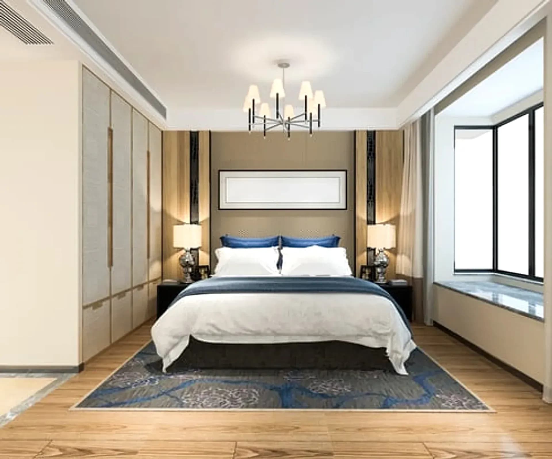 Primary bedroom suite renovated by Falcon DMV Construction with navy accents and custom joinery