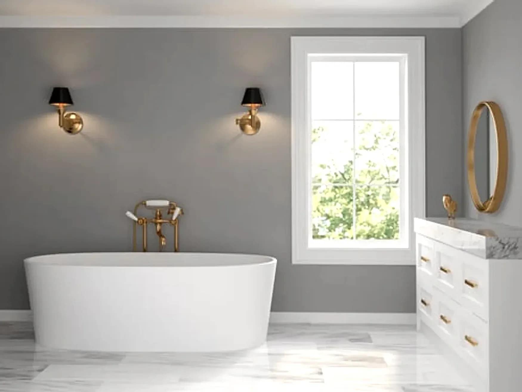 Remodeled Washington DC bathroom with a freestanding soaking tub, marble vanity and brass fixtures by Falcon DMV Construction
