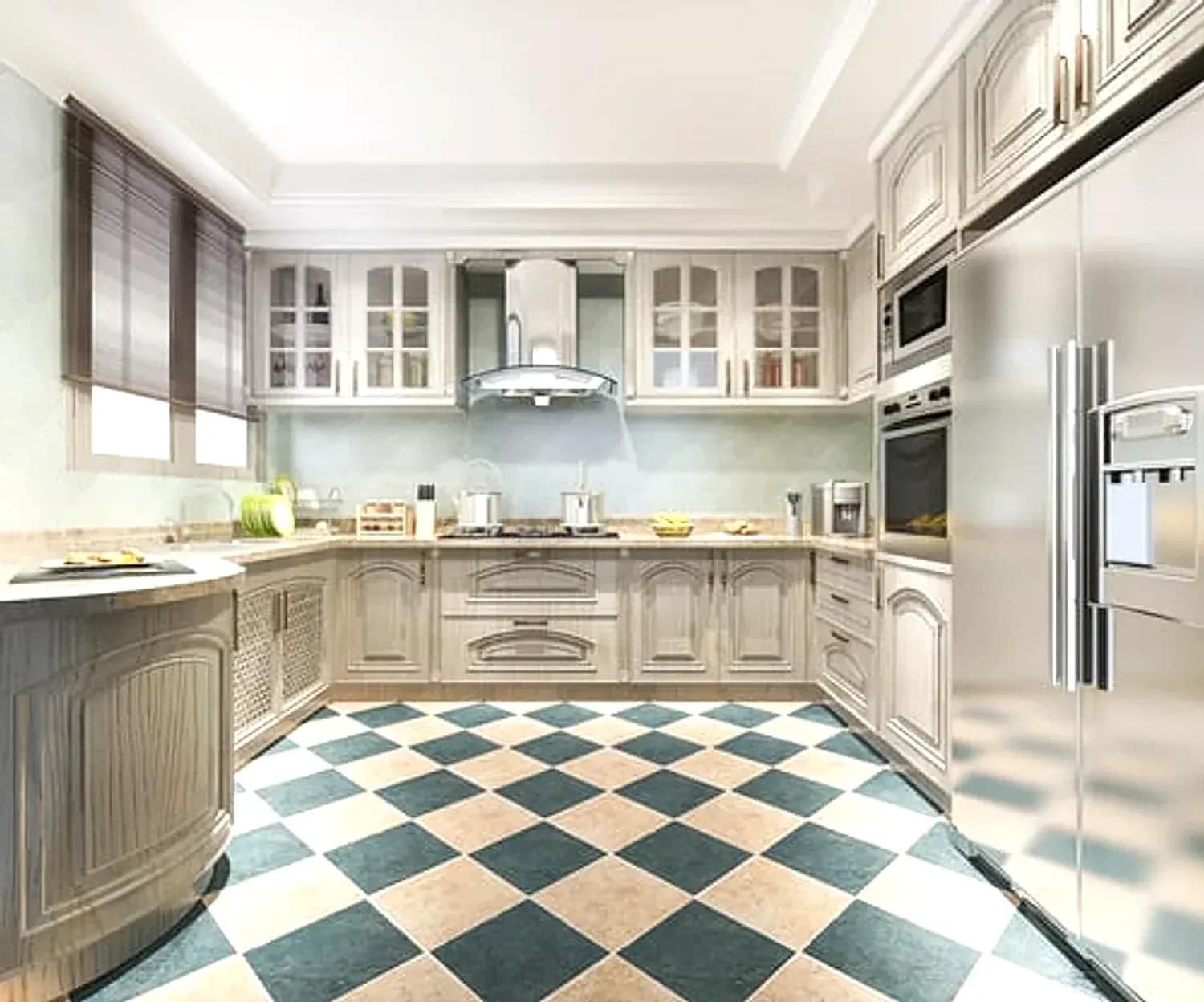 Contemporary remodeled kitchen with high-gloss white cabinetry, stone backsplash and integrated appliances in the DMV