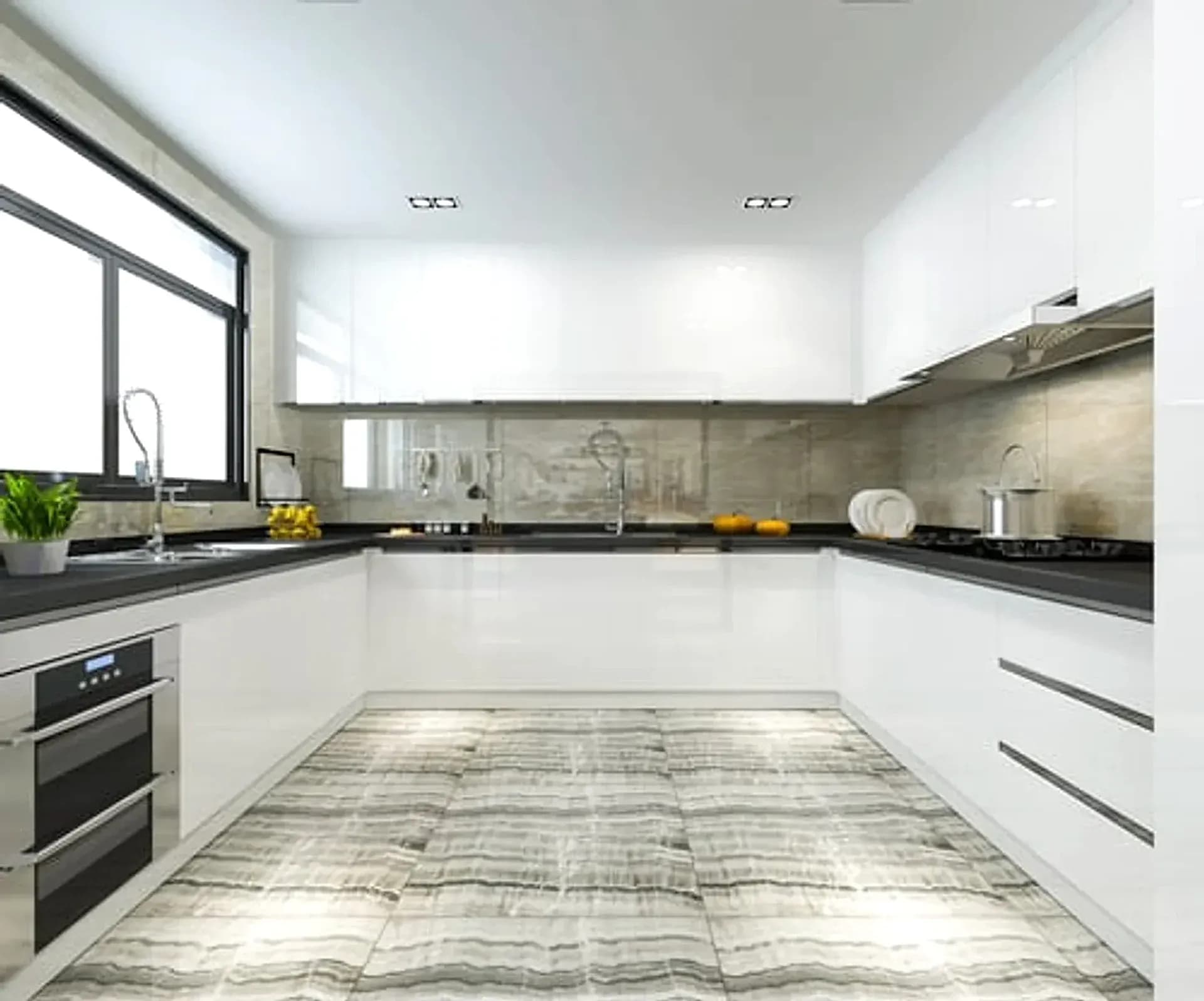 Modern high-gloss kitchen remodel with stone backsplash completed by Falcon DMV Construction