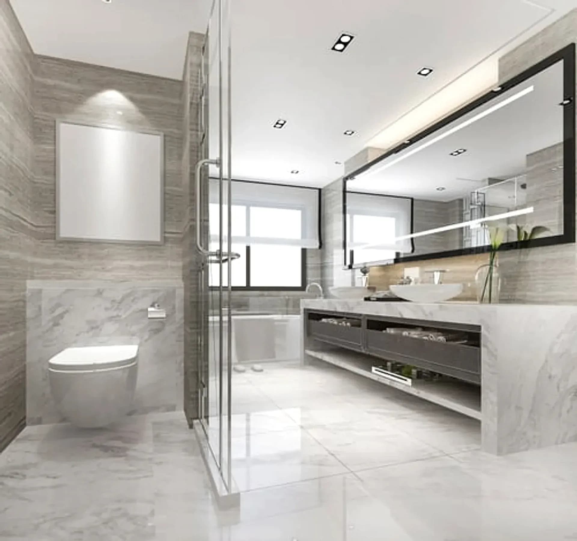 Modern remodeled bathroom with large-format stone tile and a glass walk-in shower by Falcon DMV Construction